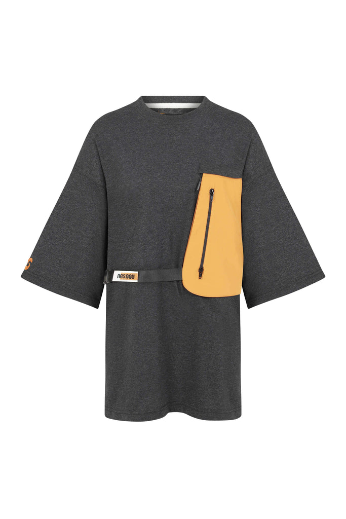 damask orange cross body bag attached to the recycled eco-friendly cotton t-shirt with velcro